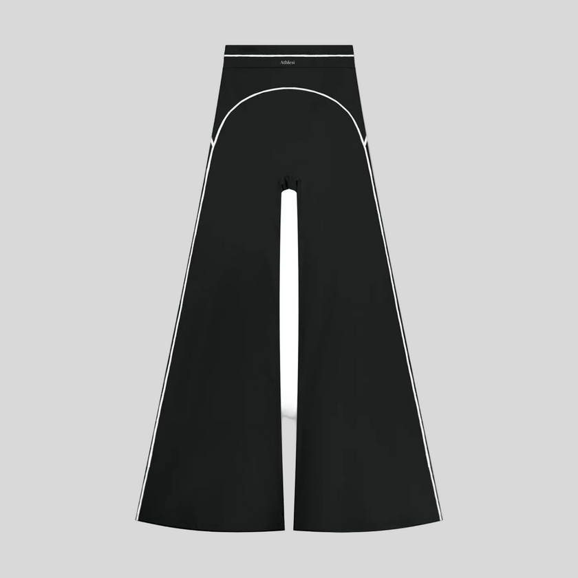 TrackLine Outline Flared Pants in Black front view featuring a high-rise waistband, contrast piping, and flared leg