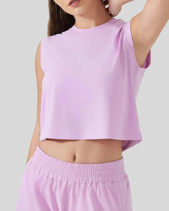 Front angle view of pink purple cropped active tank