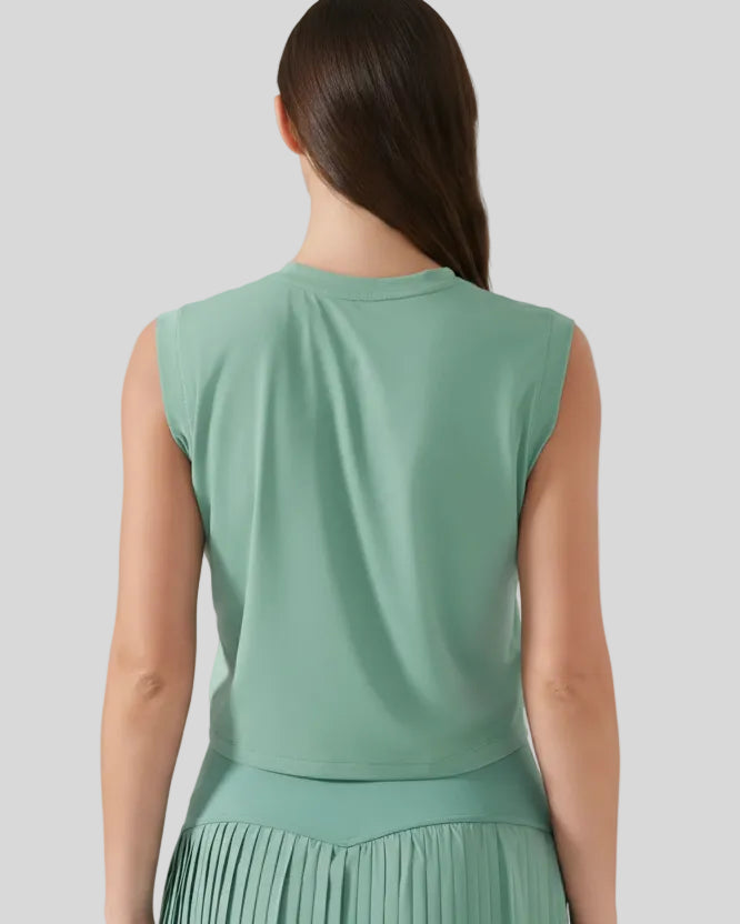 Back view of cropped active tank in teal