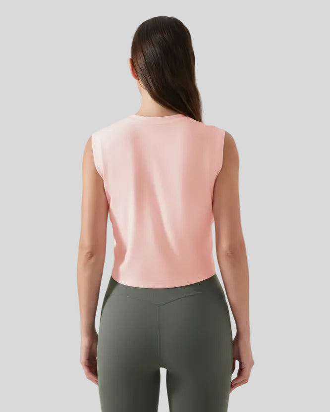 Back view of cropped active tank in watermelon pink
