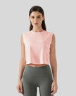 Cropped active tank in watermelon pink with round neckline, front view
