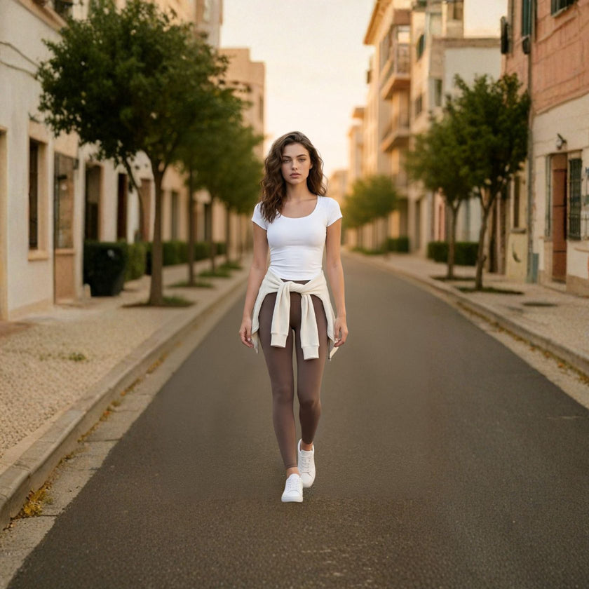 Athlesi model wearing a white fitted tee and mocha leggings with a sweater tied at the waist, walking through a quiet city street in a minimal everyday athleisure look