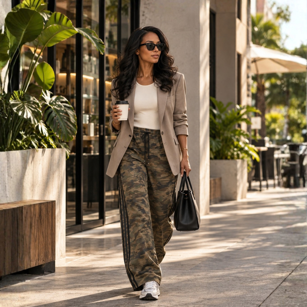 Woman wearing Athlesi Camo Accent Pants styled with an ivory top and taupe blazer in a contemporary urban setting