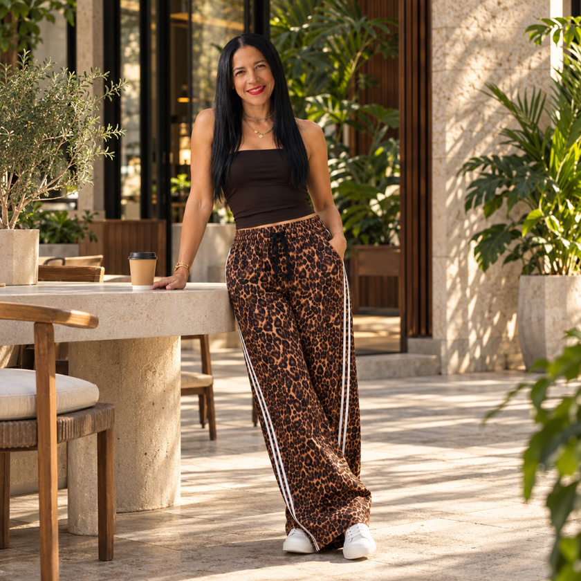 Athlesi founder Elisa Henry wearing the Leopard Accent Track Pants in a tropical Puerto Rico setting