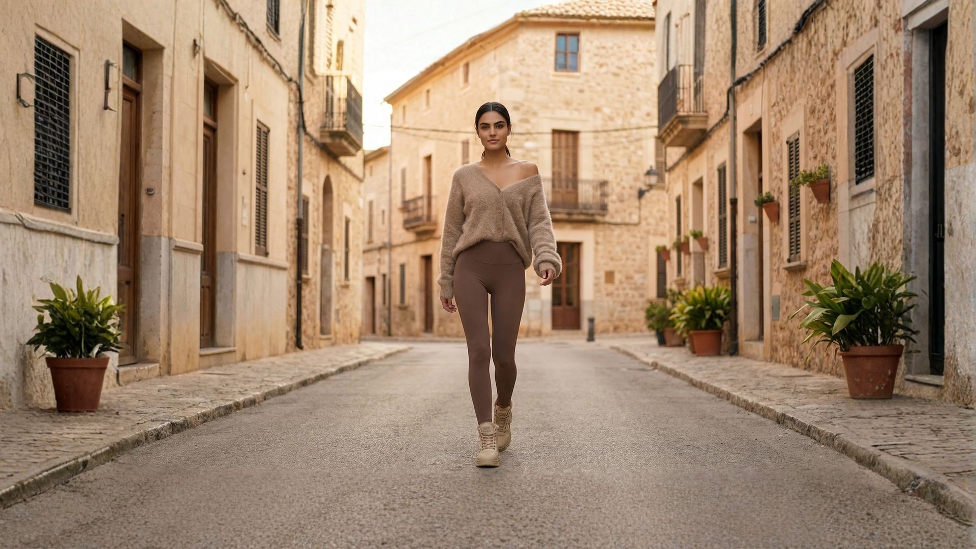 Athlesi neutral activewear set styled for a clean city walk, minimal athleisure look designed for movement and everyday life in a European-inspired setting