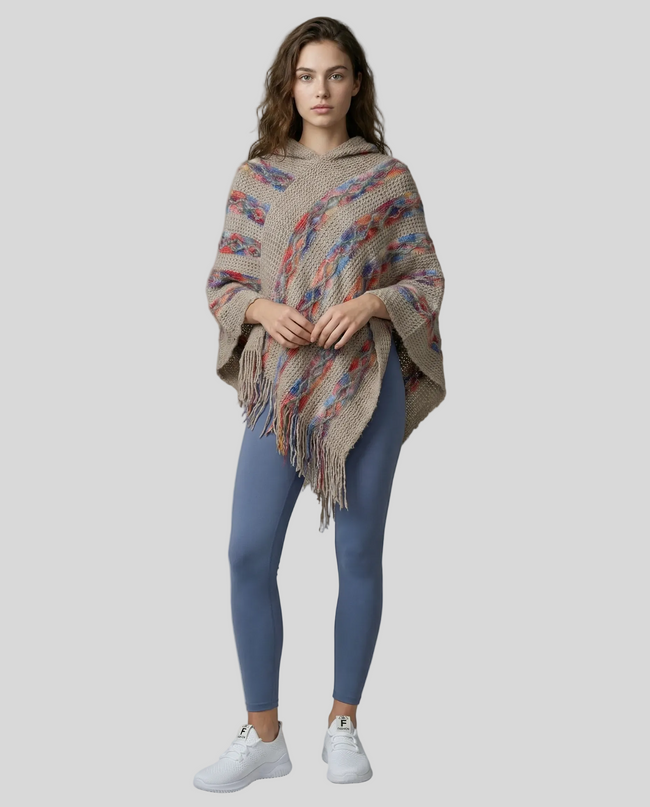 Mocha Accent Fringe Hooded Poncho styled with Athlesi leggings, front view on model