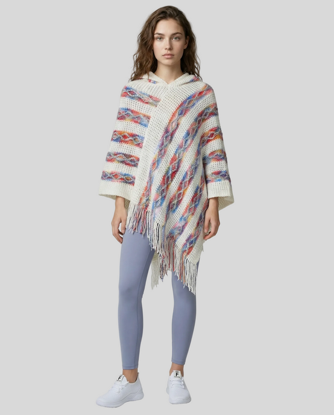 White Accent Fringe Hooded Poncho styled with Athlesi leggings, front view on model