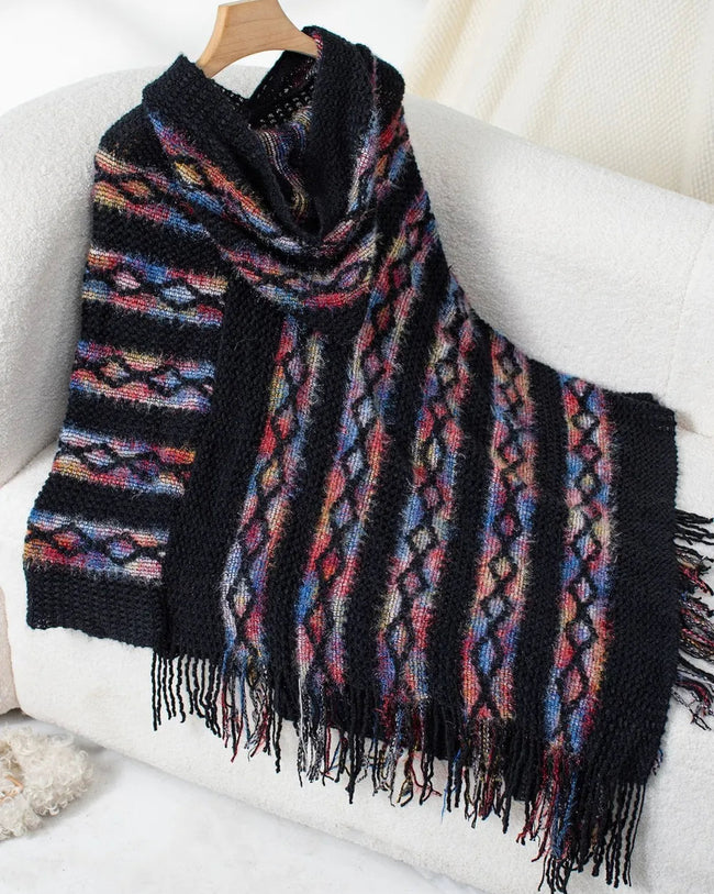 Flat lay back view of AccentFlow Fringe Hooded Poncho in black