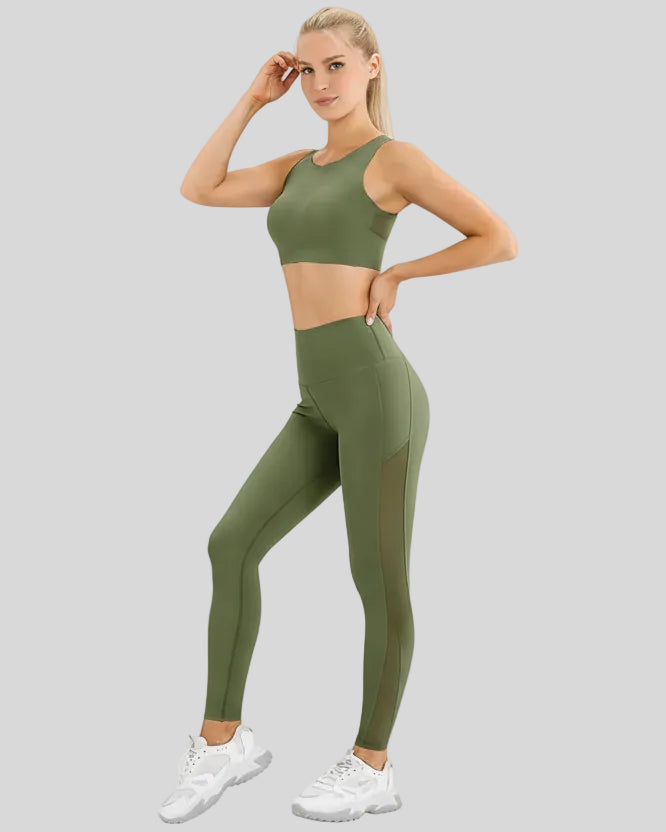 Full body front view of AeroFlow mesh legging in matcha green with high-rise seamless waist