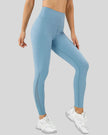 Right side view of AeroFlow mesh legging with subtle airflow panels in sky blue