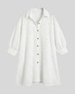 Aira Eyelet Shirt in white, flatlay front view with oversized fit and delicate eyelet embroidery