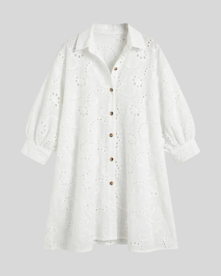 Aira Eyelet Shirt in white, flatlay front view with oversized fit and delicate eyelet embroidery