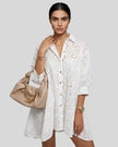 Aira Eyelet Shirt in white front view with oversized fit and delicate eyelet embroidery