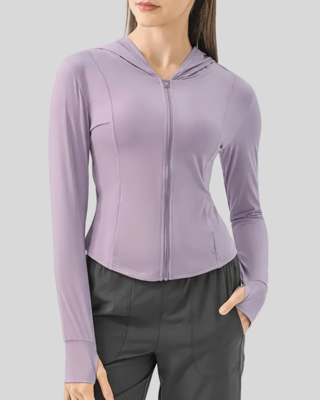 Close-up of lavender zip-up active hoodie fabric and front zipper detail