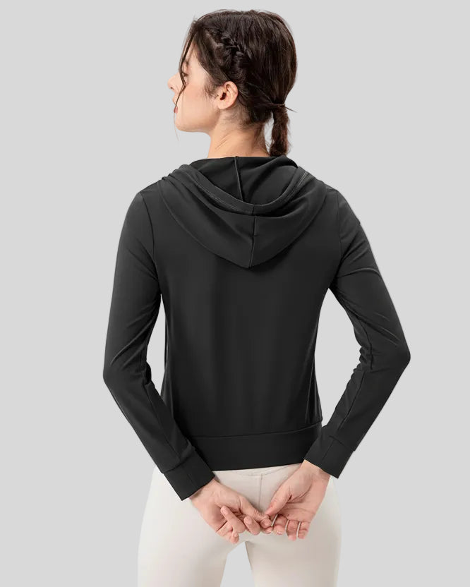 Back view of black relaxed-fit active hoodie showing hood and fabric
