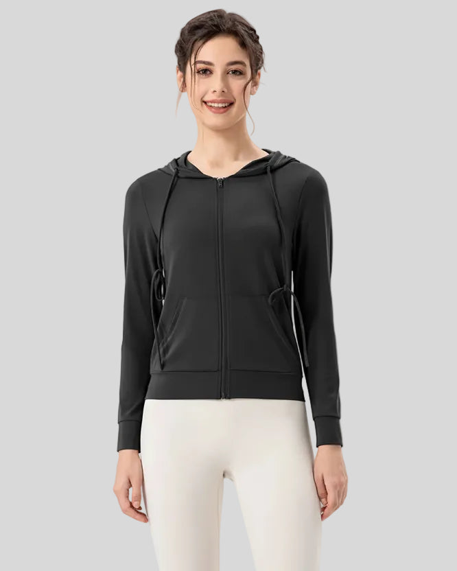 Black drawstring zip-up active hoodie, front view