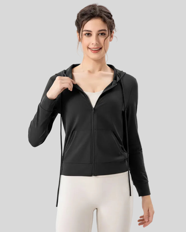 Black active hoodie worn with half zip down, front view