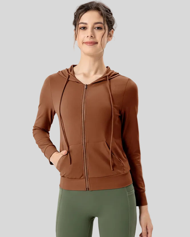 Brown drawstring zip-up active hoodie, front view
