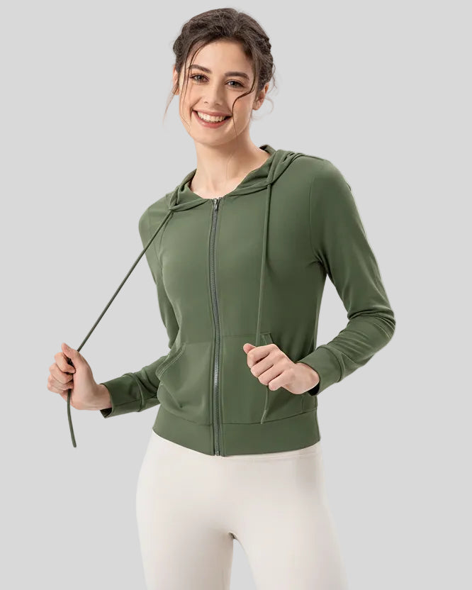 Front angle view of matcha green zip-up active hoodie fabric and drawstring detail