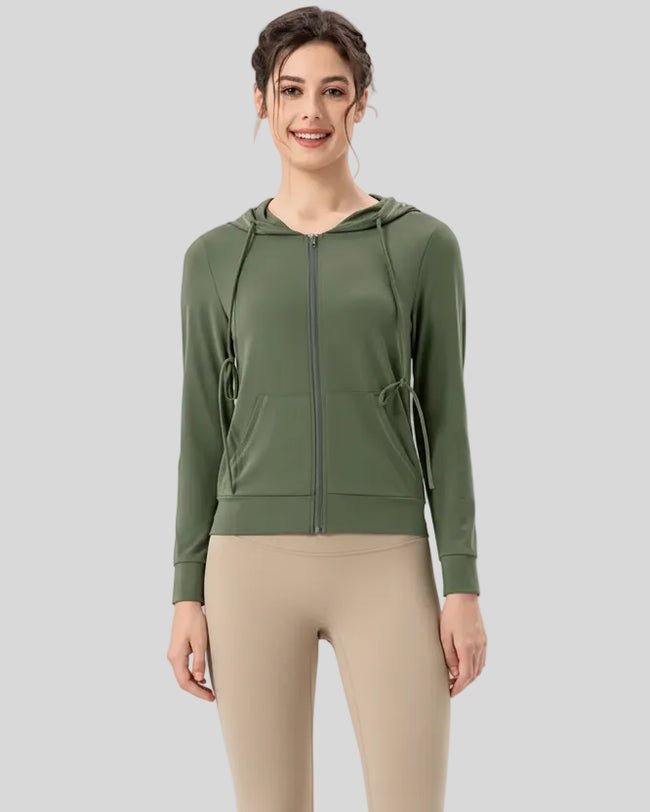 Matcha green drawstring zip-up active hoodie, front view