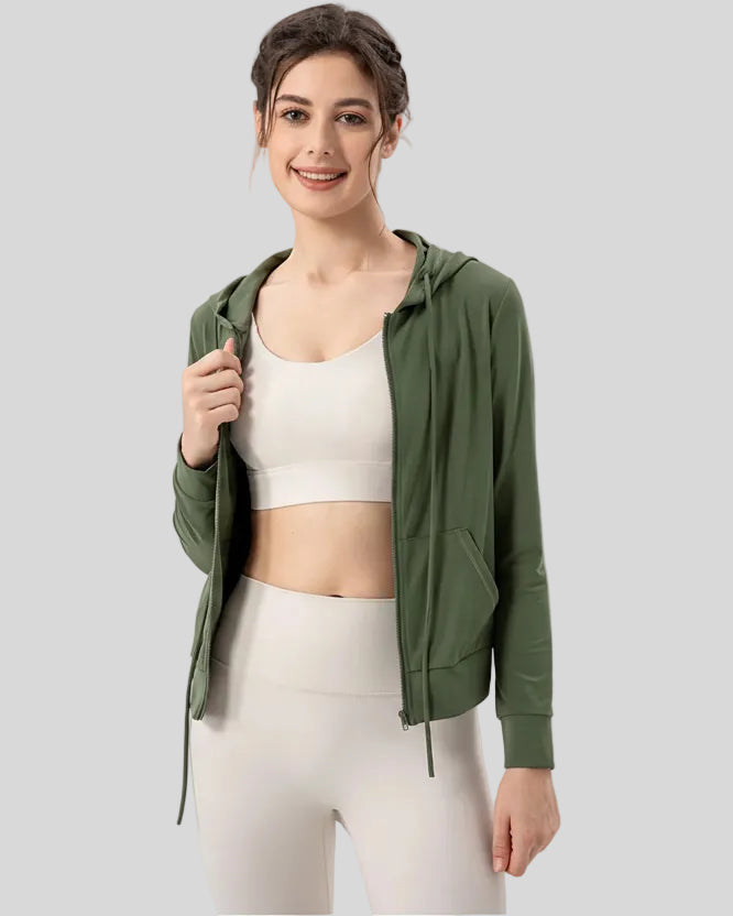 Matcha green active hoodie worn open, front mid-body view