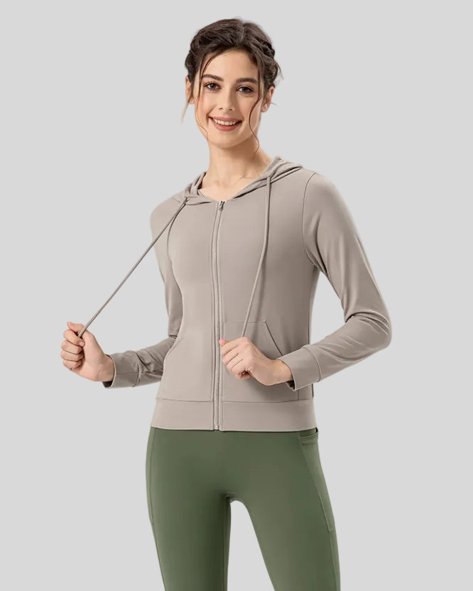 Tan drawstring zip-up active hoodie, front view