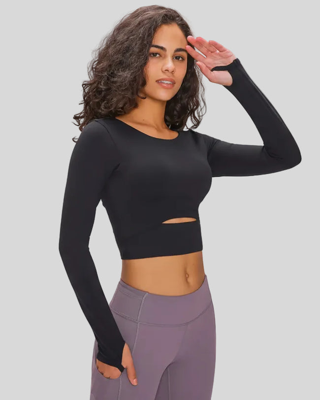 Angled front view of Athlesi AlignLift Studio long sleeve top in black