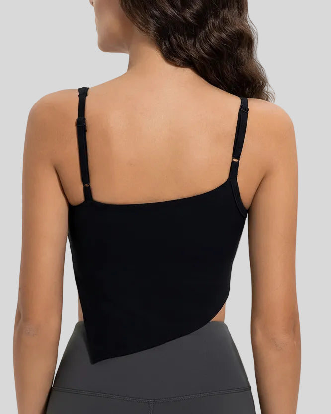 Back view of black AsymFlow Edge Active Cami with clean straps and smooth opaque finish