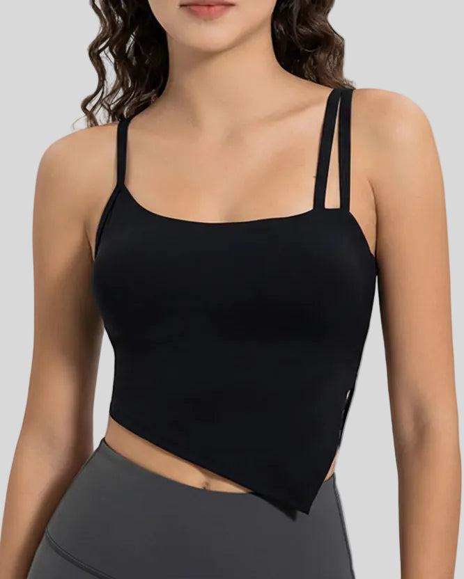 AsymFlow Edge Active Cami in black with asymmetrical neckline and cropped silhouette