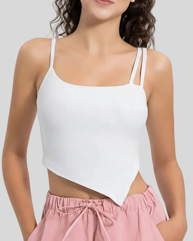 AsymFlow Edge Active Cami in white with asymmetrical neckline and cropped silhouette