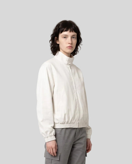 Upper body front view of woman wearing Axis Bomber Jacket in Beige