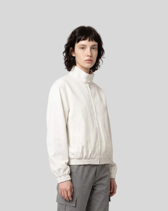 Upper body front view of woman wearing Axis Bomber Jacket in Beige