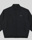 Closeup of stand collar, Athlesi logo, button detail and front zipper on Axis Bomber Jacket in Black