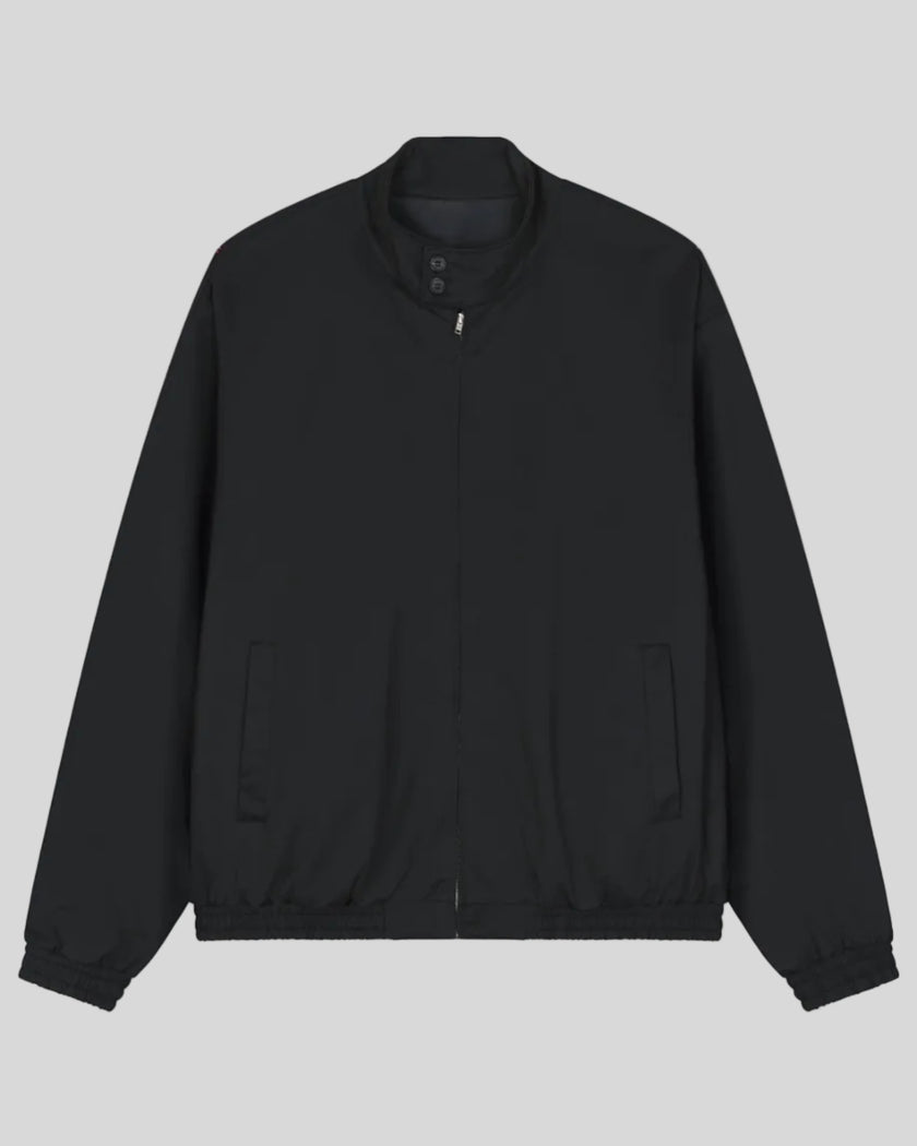Axis Bomber Jacket in Black with stand collar, zip front and side pockets front view