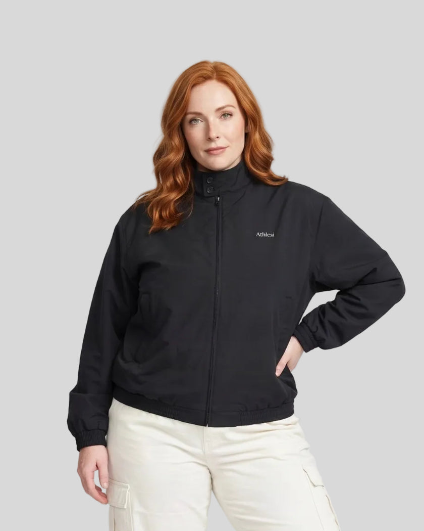 Upper body front view of woman wearing Axis Bomber Jacket in Black
