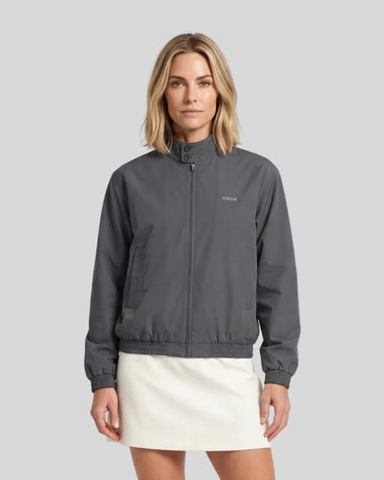 Upper body front view of woman wearing Axis Bomber Jacket in Dark Gray