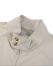 Closeup of stand collar, button detail and front zipper on Axis Bomber Jacket in Gray Camel