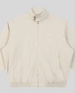 Closeup of stand collar, Athlesi logo, button detail and front zipper on Axis Bomber Jacket in Gray Camel
