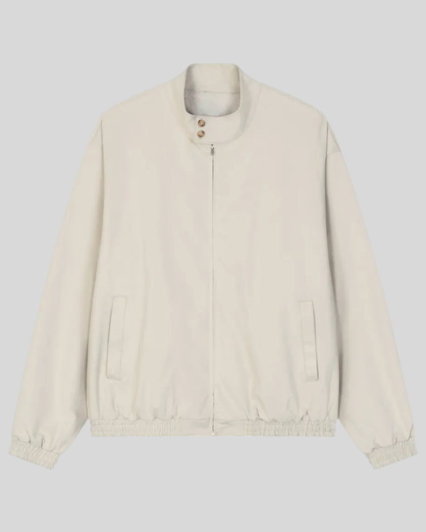 Axis Bomber Jacket in Gray Camel with stand collar, zip front and side pockets front view