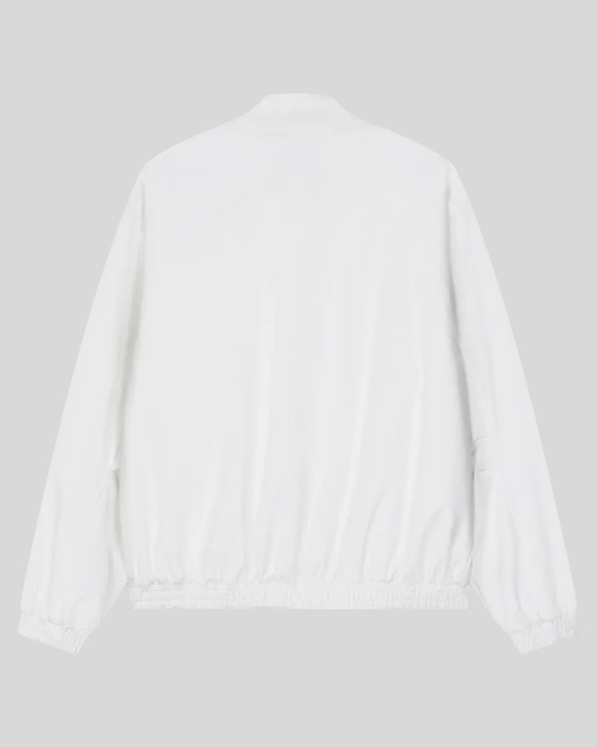 Axis Bomber Jacket in White with relaxed silhouette and elasticized hem back view