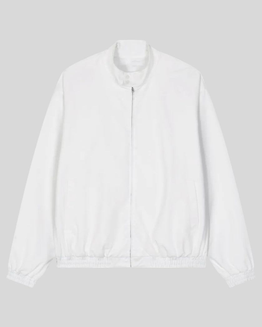 Axis Bomber Jacket in White with stand collar, zip front and side pockets front view