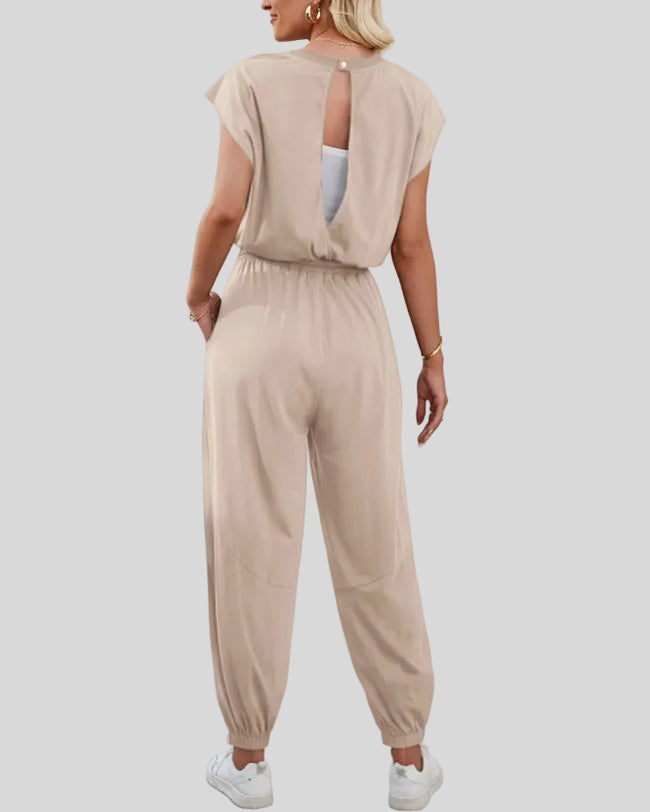 Back view of Dust Storm open-back jumpsuit with adjustable drawstring waist