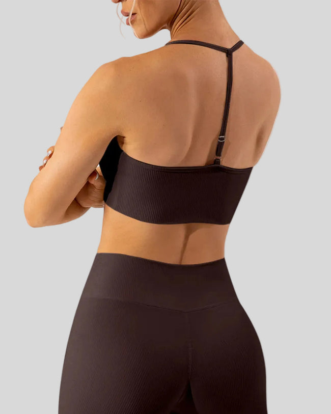 T-back spaghetti strap sports bra in chocolate shown from the back