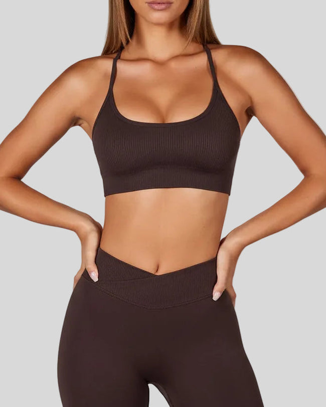 Close-up of smooth minimalist sports bra fabric in chocolate
