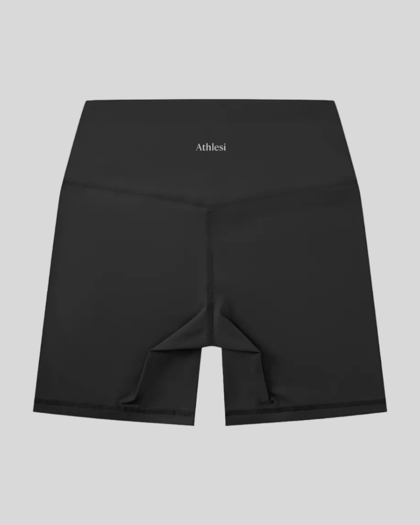 BaseLine Biker Shorts in black, flatlay back view with high-waisted fit