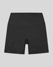 BaseLine Biker Shorts in black, flatlay front view with high-waisted fit