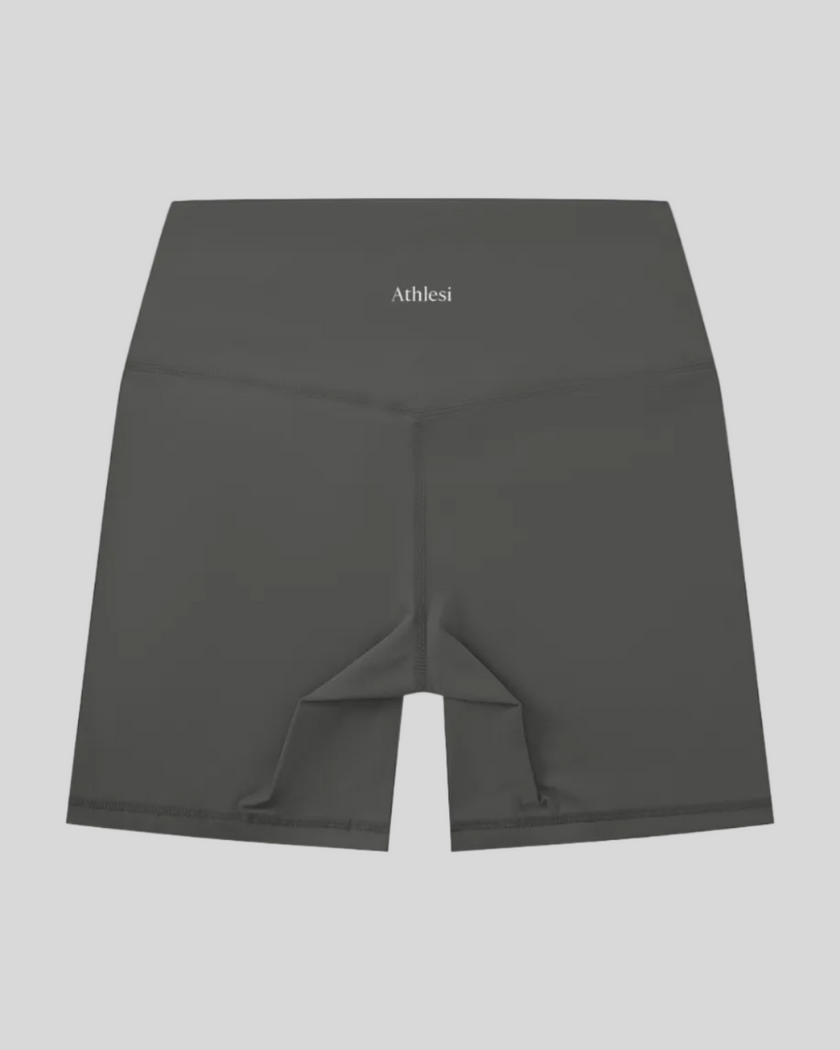 BaseLine Biker Shorts in dark gray, flatlay back view with high-waisted fit