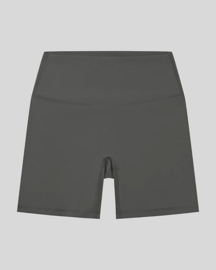 BaseLine Biker Shorts in dark gray, flatlay front view with high-waisted fit