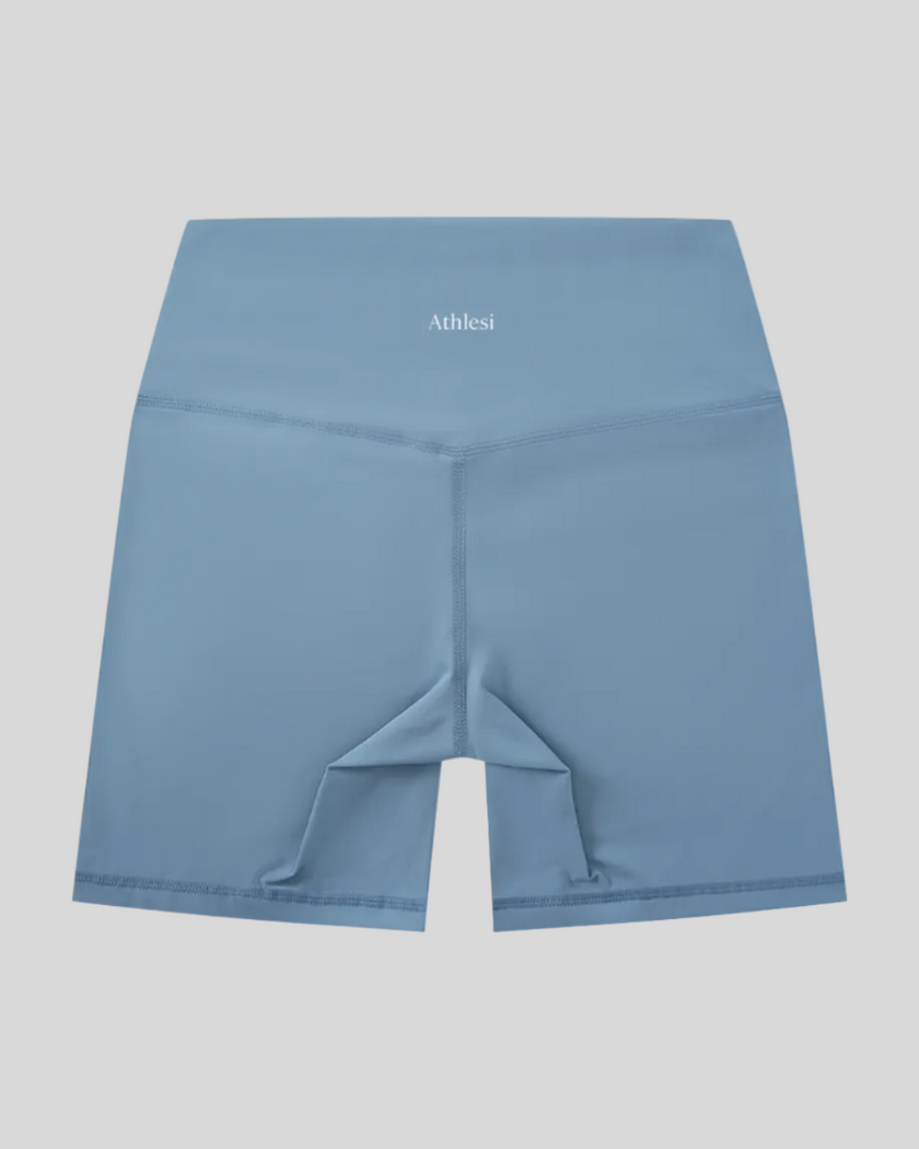 BaseLine Biker Shorts in gray blue, flatlay back view with high-waisted fit