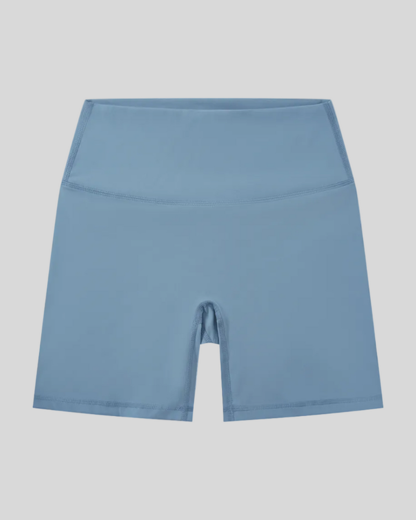 BaseLine Biker Shorts in gray blue, flatlay front view with high-waisted fit